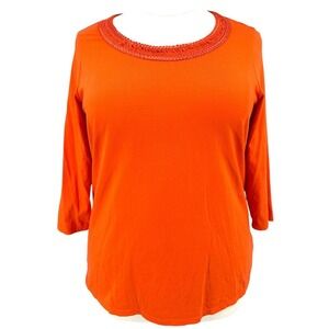COLDWATER CREEK Supima Cotton Top Orange Braided Trim 3/4 Sleeve Women's 1X / 18